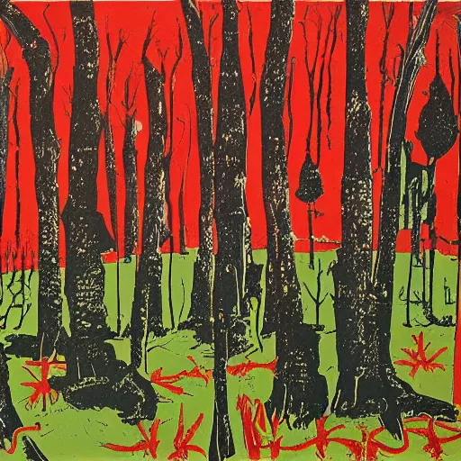 Prompt: an ancient village in a magical forest, painting by andy warhol