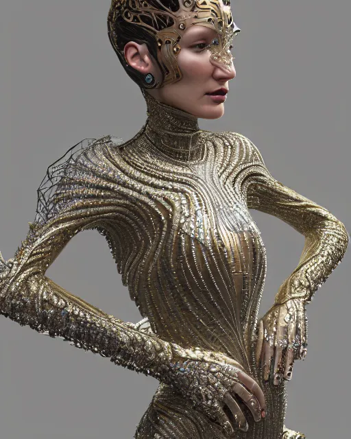 Prompt: a highly detailed metahuman 4 k close up render of a bella hadid in balenciaga monument renaissance in iris van herpen dress schiaparelli in diamonds crystals swarovski and jewelry iridescent in style of alphonse mucha gustav klimt trending on artstation made in unreal engine 4