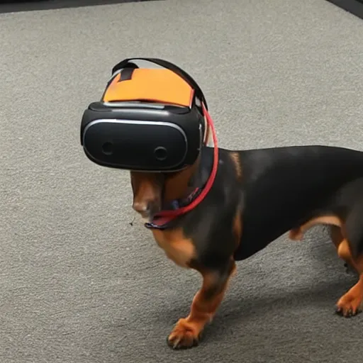 Image similar to dachshund dog wearing vr headset and htc vive trackers recording motion capture