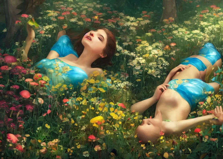 Prompt: painting of A woman laying in a sea of flora from super mario brothers, mushroom kingdom theme, trending on ArtStation, masterpiece, by Greg Rutkowski, by Ross Tran, by Fenghua Zhong, octane, clear eyes, soft render, clear facial features, oil on canvas, moody lighting, cinematic, professional environment concept art