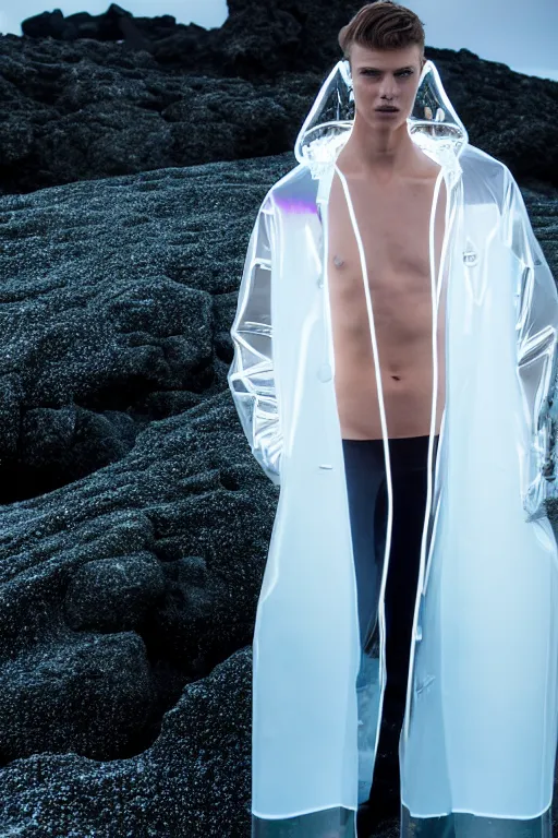 Image similar to an ultra high definition professional high fashion portrait studio full length photograph of a male model wearing a transparent pearlescent raincoat and neon visor planking in an icelandic black rock environment at dawn. no artefacts. extremely detailed. stark. refraction. shallow depth of field. volumetric light and shadow. ray tracing. light rays.