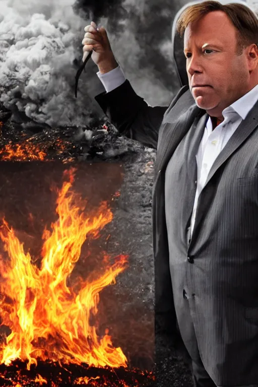Prompt: Alex Jones burning a giant pile of 45 million dollars. Photo realistic. Award winning
