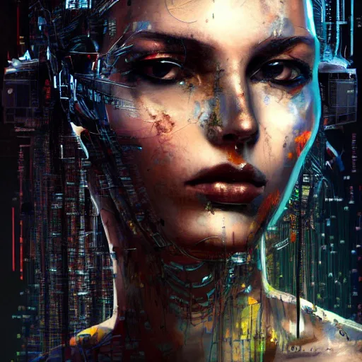 Prompt: sexy beautiful woman head made of mech mask rendered in unreal engine, cinematic, cyberpunk, microchips, wires comming from core processor scifi, painted by david burliuk | bernard buffet | carne griffiths | wlop