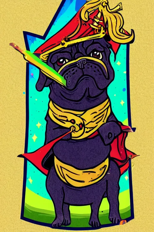 Image similar to Portrait of a pug that is a wizard casting a spell , wizard, medieval, sticker, colorful, casting epic spell, magic the gathering artwork, D&D, fantasy, artstation, heroic pose, illustration, highly detailed, simple, smooth and clean vector curves, no jagged lines, vector art, smooth