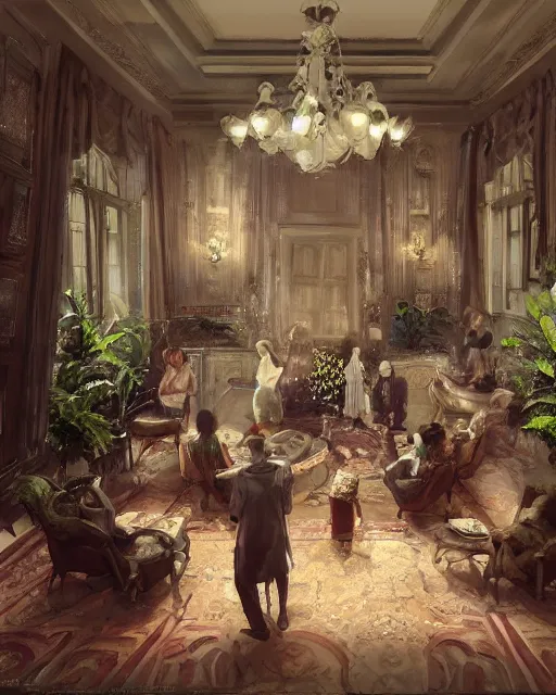 Image similar to craig mullins and ghibli digital painting of a 1 9 2 0 s grand party in a beautiful mansion, many partygoers, unreal engine, hyper realism, realistic shading, cinematic composition, realistic render, octane render, detailed textures, photorealistic, ultrawide shot, 3 5 mm film