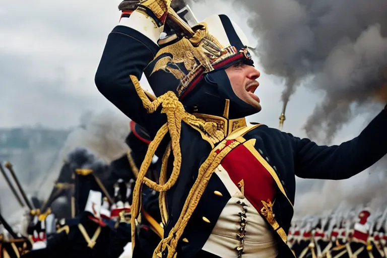 Image similar to closeup portrait of emmanuel macron dressed as napoleon firing cannons from his arms, natural light, sharp, detailed face, magazine, press, photo, steve mccurry, david lazar, canon, nikon, focus