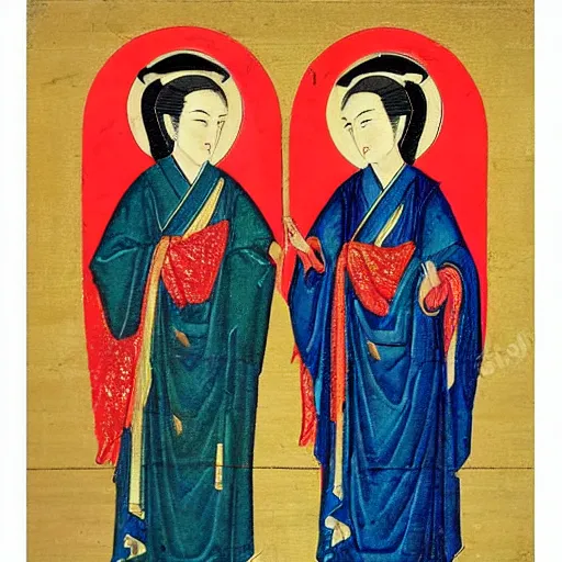 Image similar to portrait of 2 different asian looking girls close up make up looking at each other in iconography style theophanes the greek glitter chinese ornament dress plasticien