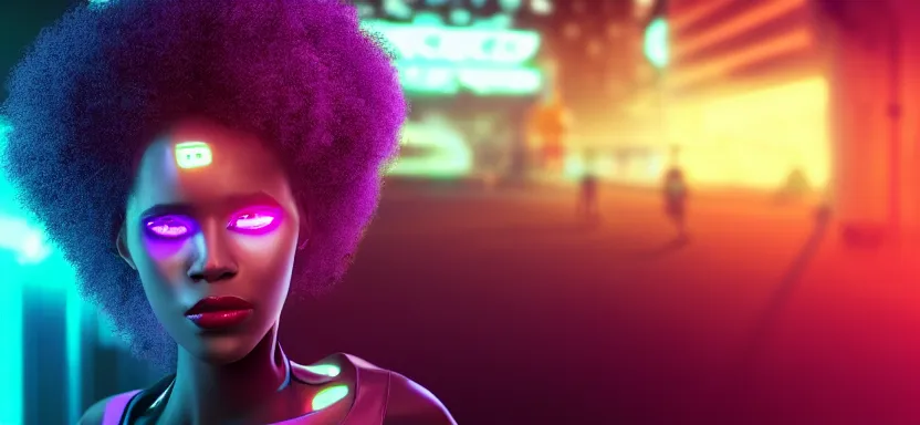 Image similar to portrait of a beautiful black woman with afro hair and glowing purple eyes, cyberpunk rio de janeiro background, digital art, trending on artstation, global illumination, backlit, purple and blue