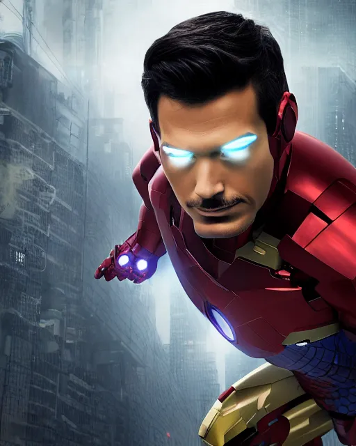 Image similar to super high resolution photorealistic cyberpunk super man mixed with iron man