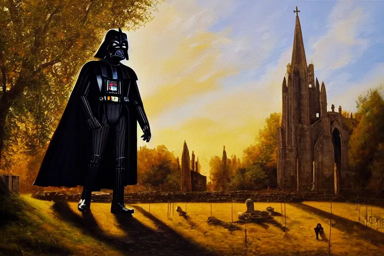 Prompt: a detailed oil painting of darth vader leaving a medieval church,, english, churchyard, trees, golden hour