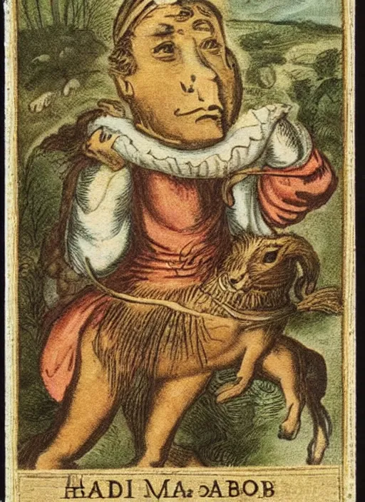 Image similar to a trading card from the 1 6 0 0 s with a horse born with the head of a rabbit and the body of a rabbit