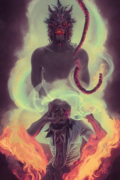 Prompt: portrait of a man with smoke demon coming from mouth, by artgerm, tom bagshaw, gerald brom, vaporwave!, vaporwave colors!, lo fi colors, vaporwave!, lo fi, 4 k, hd,