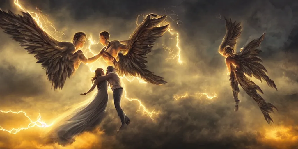 Image similar to young couple falling through clouds, winged angel kissing demon with tail. background clouds, illuminated by lightning and fire. highly detailed. photorealistic