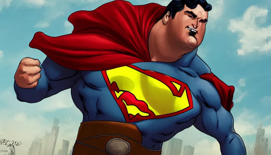 Image similar to Obese Superman trying to lose weight, hyperdetailed, artstation, cgsociety, 8k