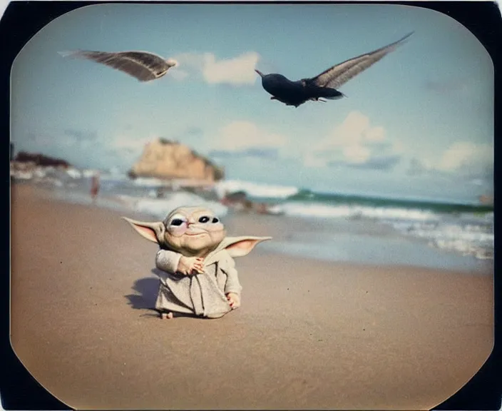 Prompt: polaroid photograph of a very detailed baby yoda!!. grogu. at the beach next to a seagull!!!!. photo by martin parr and annie lebovitz. 2 4 mm lens