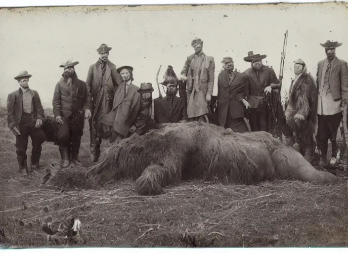 Image similar to tintype photo group of hunters with a giant dead woolly mammoth on the ground by their feet