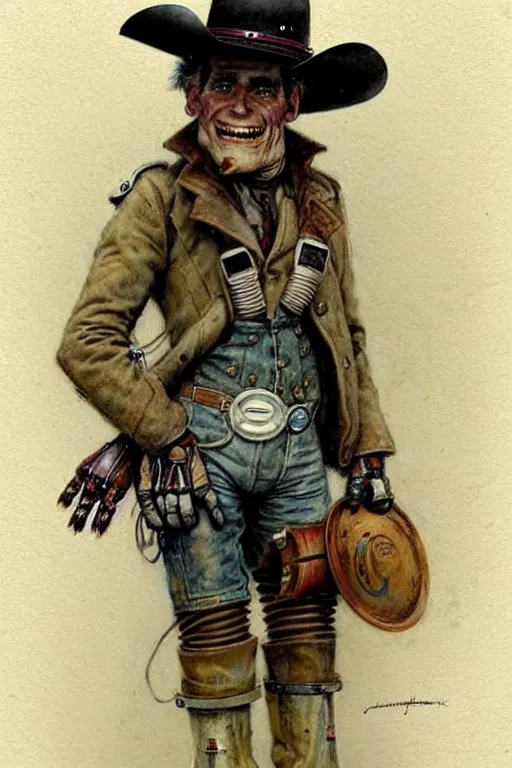 Prompt: (((((1950s robot cowboy. muted colors.))))) by Jean-Baptiste Monge !!!!!!!!!!!!!!!!!!!!!!!!!!!