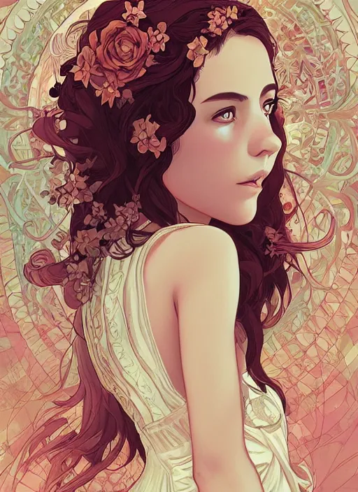 Prompt: anna cortez as a beautiful girl wearing a lace dress, gorgeous half body shot, gorgeous face, detailed eyes, digital art, by makoto shinkai, by dan mumford, by alphonse mucha, trending on artstation