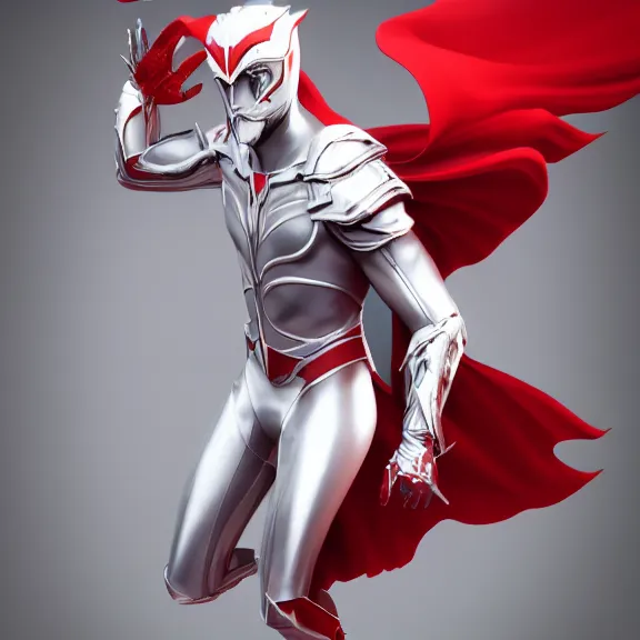 Image similar to cinematic full body shot of a male angel flying, white metallic armor, red cape, elegant pose, detailed arms, detailed white armor, two arms, two legs, detailed fanart, macro art, realistic digital art, DeviantArt, artstation, 3D realistic, 8k HD, octane render