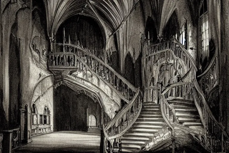 Prompt: inside the castle dracula, dark scene, light coming in from the left, staircase from hell | 2 angels on the right side | medium close | fibonacci composition, by bernie wrightson