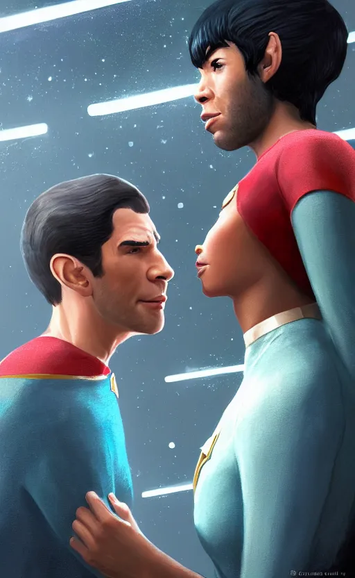 Prompt: Celia Rose Gooding as Uhura and Ethan Peck as Spock caught about to kiss, surprise, cute, innocent, soft lighting, standing in a starbase bar, In style of wojtek fus, by Makoto Shinkai, concept art, highly detailed