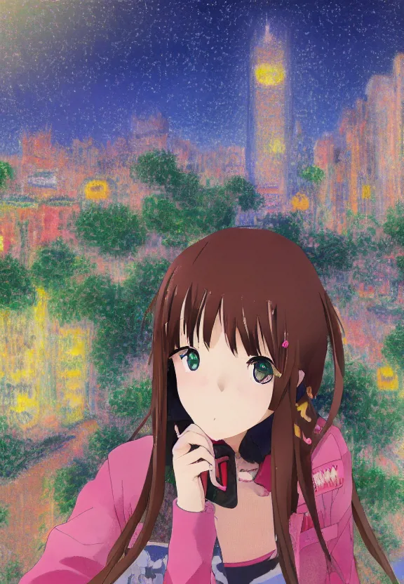 Image similar to wide angle portrait of a teenage girl, a thrifty outfit, somewhat of an anime in impressionist style, city street view background, starlit night sky, trending artwork, illustrated in anime painter studio, by claude monet and an anime artist, collaboration