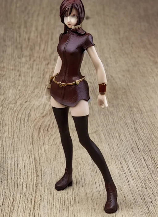 Prompt: 80mm resin detailed miniature of a female alchemist with short brown hair wearing a short dress, white stockings, leather boots and cape, Product Introduction Photos, 4K, Full body