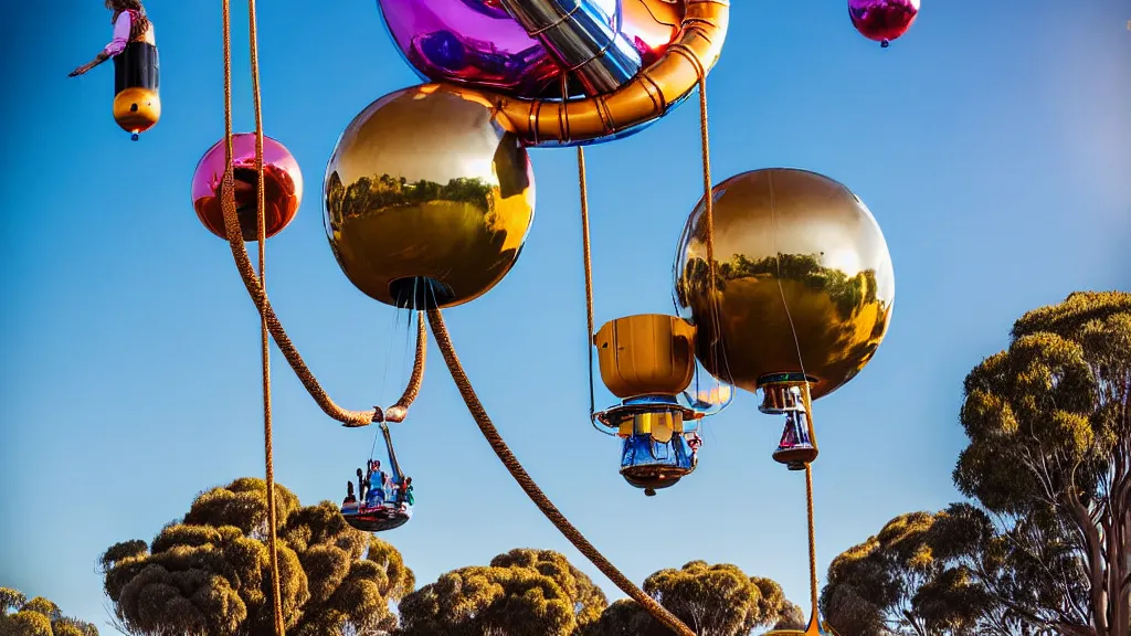 Prompt: large colorful futuristic space age metallic steampunk balloons with pipework and electrical wiring around the outside, and people on rope swings underneath, flying high over the beautiful adelaide in south australia city landscape, professional photography, 8 0 mm telephoto lens, realistic, detailed, photorealistic, photojournalism