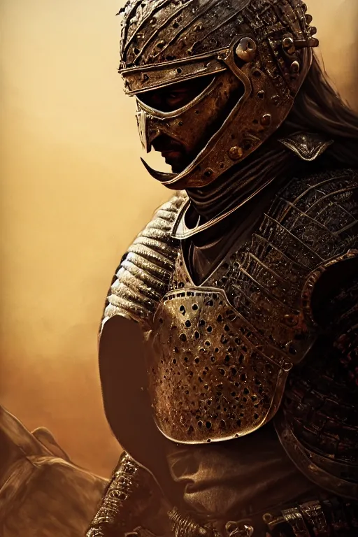 Image similar to Portrait of a king in the desert, Medieval Warrior fighting in a dark scene, detailed scene, Armour and Crown, highly detailed, blood and dust in the air, action scene, cinematic lighting, dramatic lighting, trending on artstation, elegant, intricate, character design, motion and action and tragedy, fantasy, D&D, highly detailed, digital painting, concept art