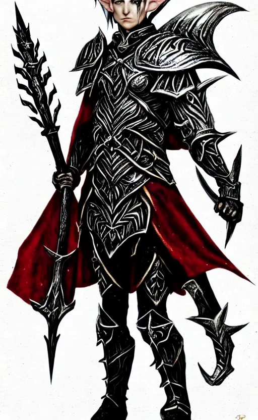 Image similar to A male elf, 20 years old, short silver hair, red eyes, spiked black metal crown with three round designs on the front side, black heavy armor with gold trim, red cape, lean but muscular, attractive, command presence, royalty, weathered face, smooth, sharp focus, illustration, concept art, highly detailed, muscle definition, fantasy paitning, ArtStation, ArtStation HQ