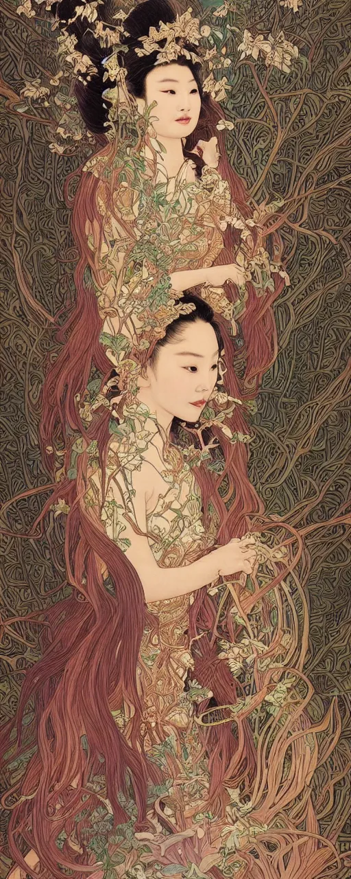 Image similar to a beautiful portrait of an ancient chinese princess in the bamboo forest, flowing hair, fantasy, regal, intricate, art nouveau, swirly intricate linework background by stanley artgerm lau, greg rutkowski, victo ngai, alphonse mucha, loish, norman rockwell