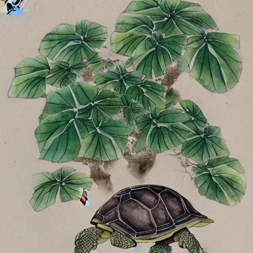 Image similar to a tortoise with a bonsi tree growing on its back, traditional chinese watercolor