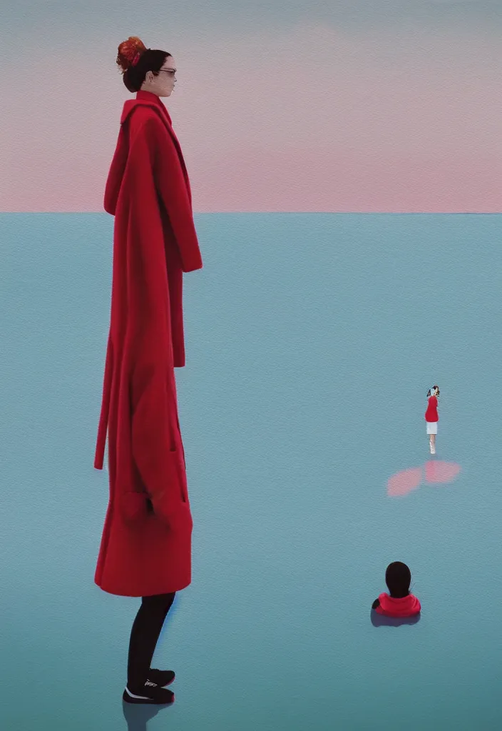 Image similar to wide shot rear view slr camera photographer woman hair in a bun kanzashi long red pattern coat backpack sneakers looking out over a placid lake, a character design painting, in the style of wes anderson, lola dupre, david hockney, isolated on negative white space background dark monochrome neon fluorescent spraypaint accents volumetric octane render, no double