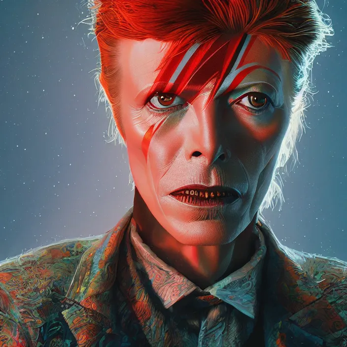 Image similar to David Bowie. intricate artwork. by Tooth Wu, wlop, beeple, dan mumford. concept art, smooth, sharp focus, high detail, octane render, 8k, iridescent accents, deep blacks