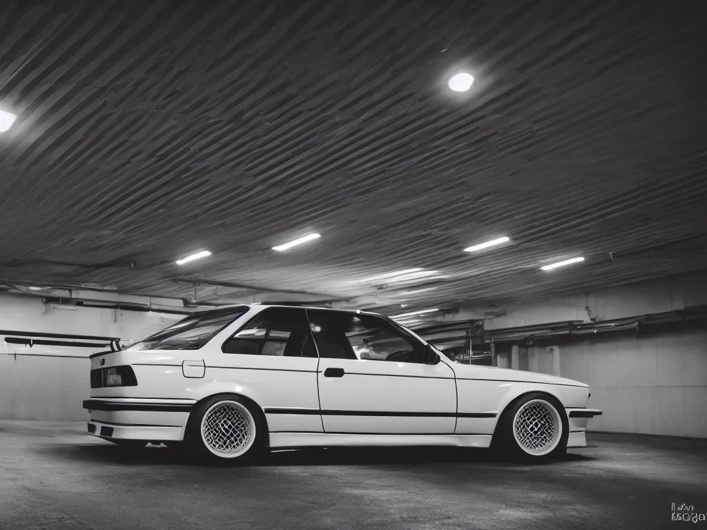 Image similar to a modified bmw e 3 0 with lights on in a futuristic neon parking garage, 3 5 mm photography, car photography, clean lines, realistic