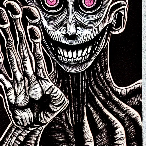 Image similar to a dark brown humanoid, hyper detailed, in the style of junji ito and and junji ito and junji ito, selfie