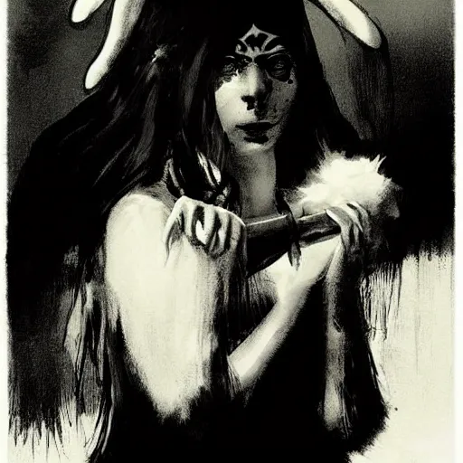 Image similar to portrait of a scandinavian holy undead witch female with animal horns, satanic kvlt by peder balke by peder balke by greg rutkowski, by guido crepax by norman bluhm mystic high contrast monochromatic noir