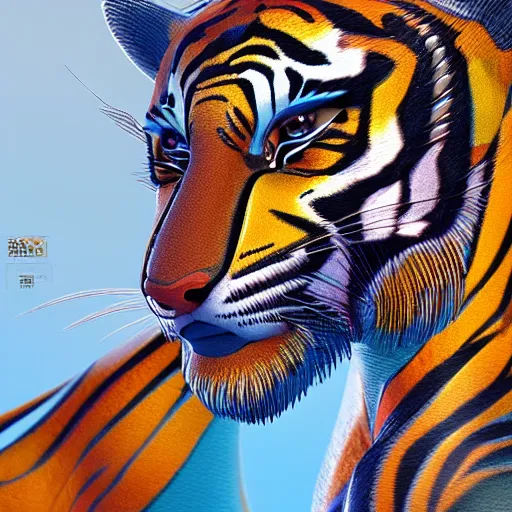 Image similar to coloured balinese sculpture breathtakingly cool beautiful stylised ornate tiger, extreme closeup, isometric perspective, 8 k artstation