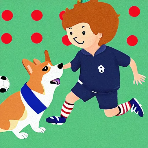 Image similar to illustration of french boy playing football with a corgi wearing a polka dot scarf in paris