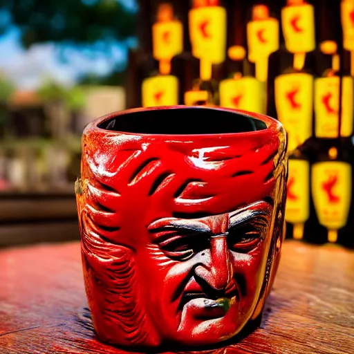 Image similar to a closeup photorealistic photograph of a glossy ferrari themed tiki mug at at an outdoor trader vic's bar featuring the young enzo ferrari's face. tiki theme. bright scene. fine detail. this 4 k hd image is trending on artstation, featured on behance, well - rendered, extra crisp, features intricate detail, epic composition and the style of unreal engine.