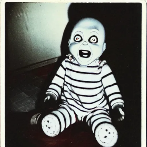 Prompt: old polaroid photo of first contact with the screaming chucky doll