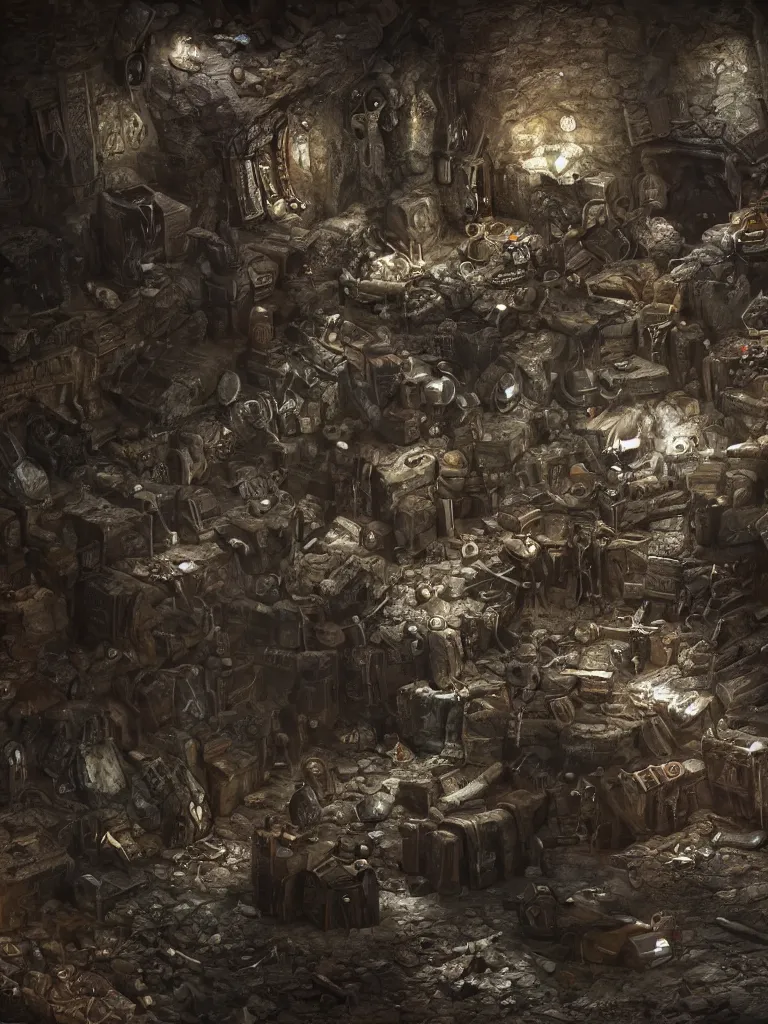 Image similar to pile of revolvers and bullets in a dungeon , ultrarealistic, intricate details, 4k, concept art, dark fantasy