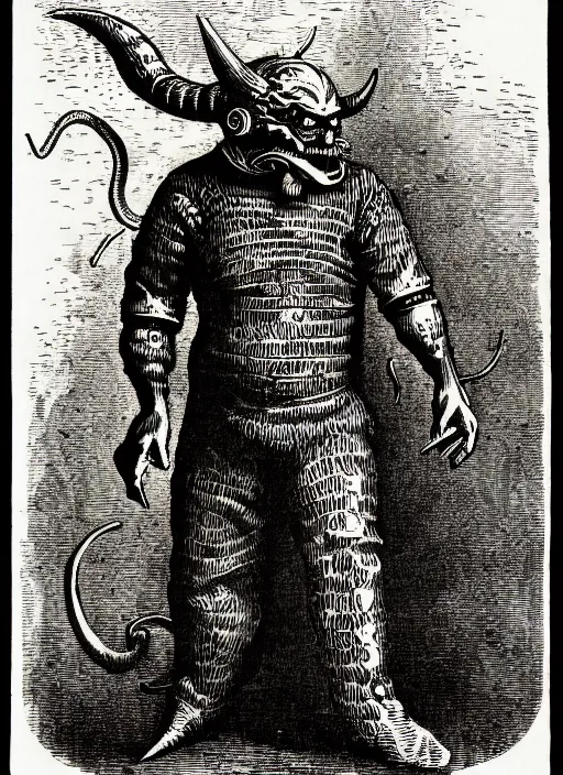 Image similar to illustration of dr. robotnik as a demon from the dictionarre infernal, etching by louis le breton, 1 8 6 9, 1 2 0 0 dpi scan, ultrasharp detail, clean scan