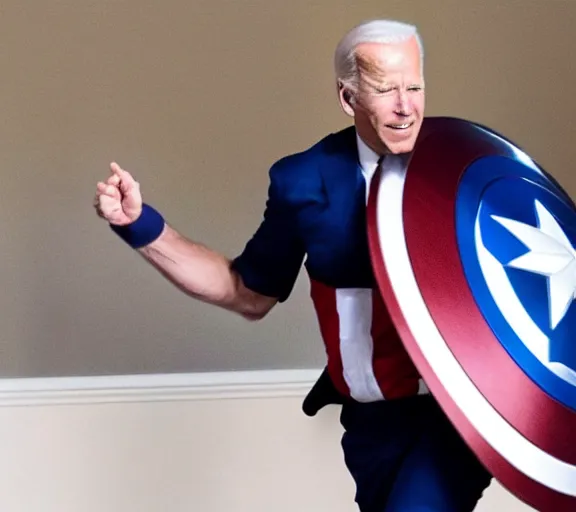 Image similar to photo of captain America violently hitting Joe Biden with his shield