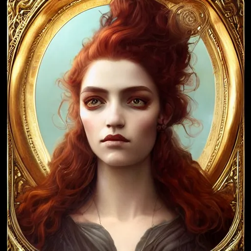 Image similar to tom bagshaw portrait, very beautiful pirate in a full dress and long thin lustrous auburn hair, curiosities, professionally retouched, focus eyes, ultra realistic soft painting, insanely detailed linework, symmetrical accurate intricate features, behance, 8 k