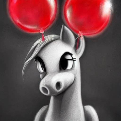 Prompt: surrealism grunge cartoon portrait sketch of my little pony with a wide smile and a red balloon by - michael karcz, loony toons style, my little pony style, horror theme, detailed, elegant, intricate