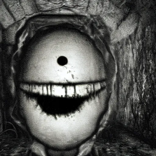 Prompt: humanoid ghost with an unnatural smile in bloodborne, it has huge eyes and is staring at the camera from the end of a dark hallway. caught on vhs, film grain,