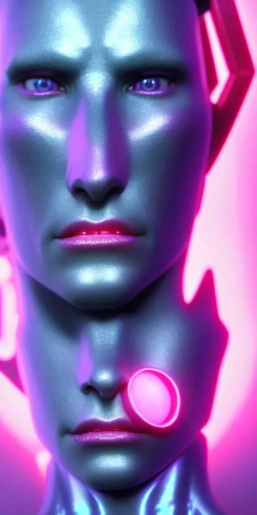 Prompt: 3d octane close-up render of baroque cyborg woman with black hair and pearlescent pink skin key sage wayne barlowe very soft blue neon lighting on one side wide angle 35mm shallow depth of field 8k