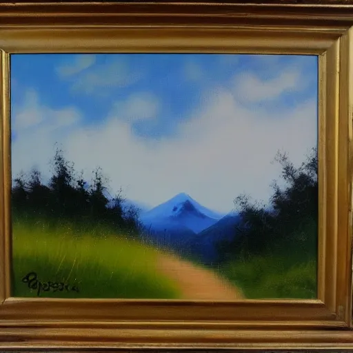Prompt: landscape, oil on canvas, by bob ross