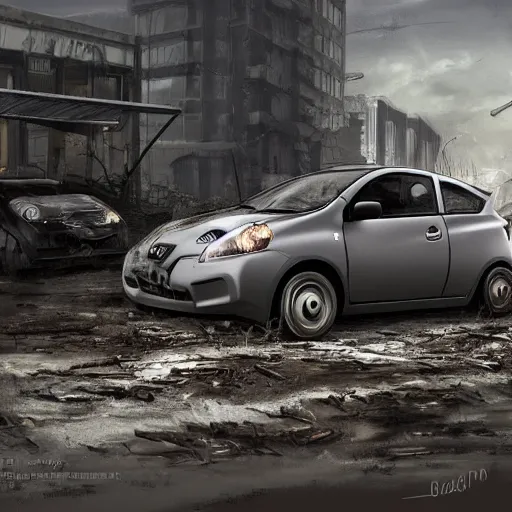 Image similar to a 2010 grey Nissan Micra in a post-apocalyptic environment, trending on ArtStation